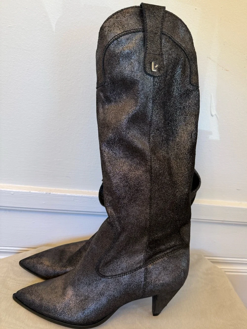 Larroude Louise Graphite Metallic Suede Cowboy Western Boots US 9